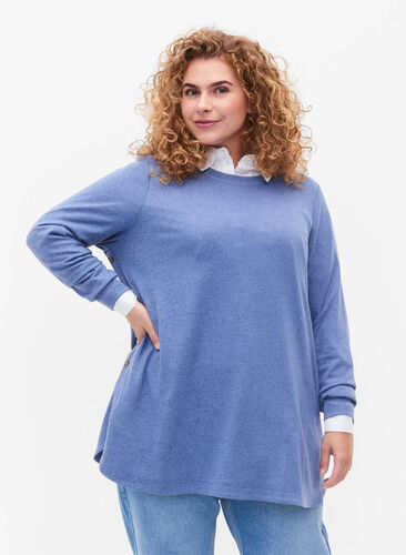 Meleret bluse med knapper, Colony Blue Melange, Model image number 0