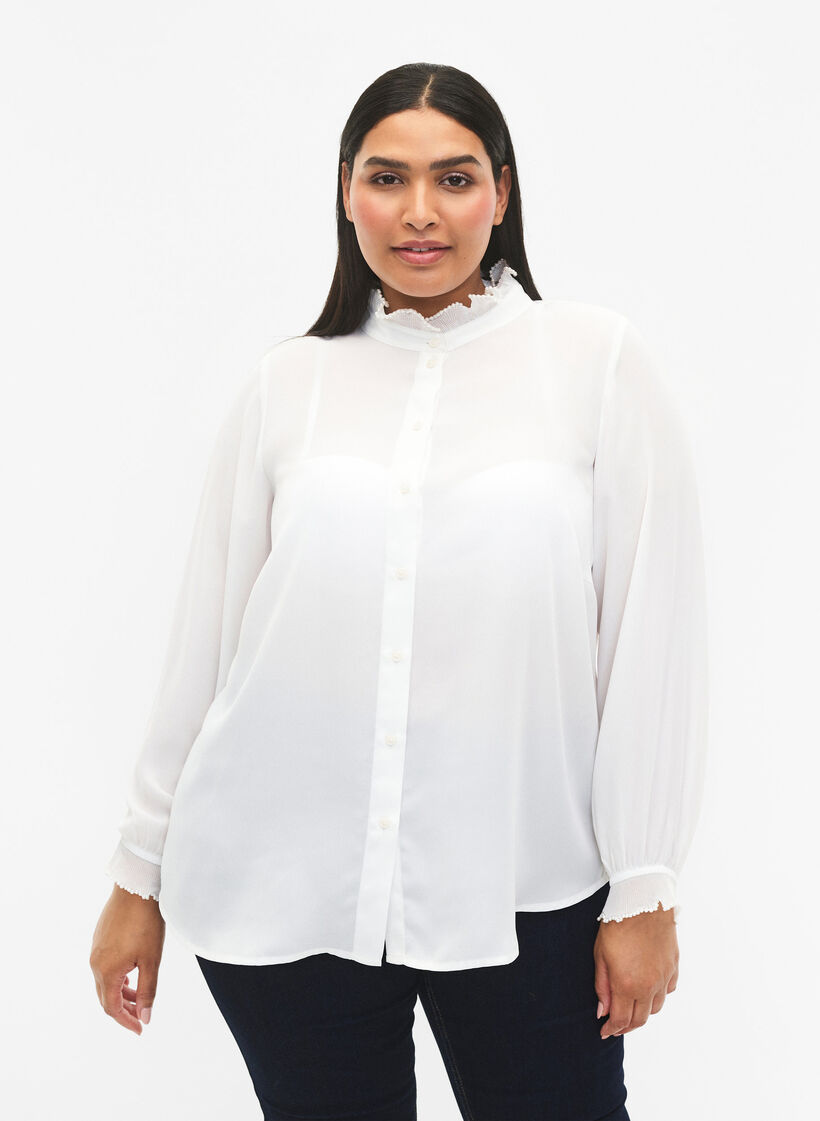 Skjortebluse med flæsedetaljer, Bright White, Model image number 0