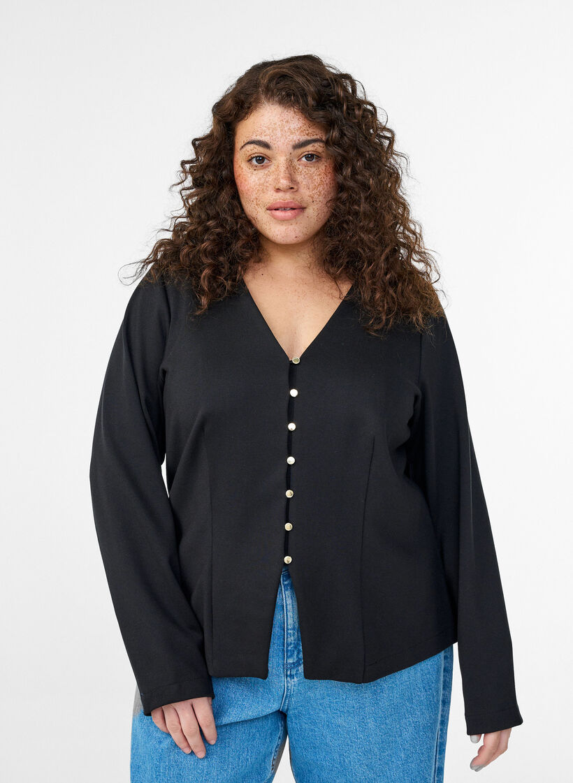 Cardigan med V-udsk&aelig;ring og guldfarvede knapper, Sort, Model image number 0