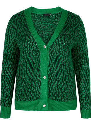 Mønstret strik cardigan med knapper, Jolly Green Comb, Packshot image number 0