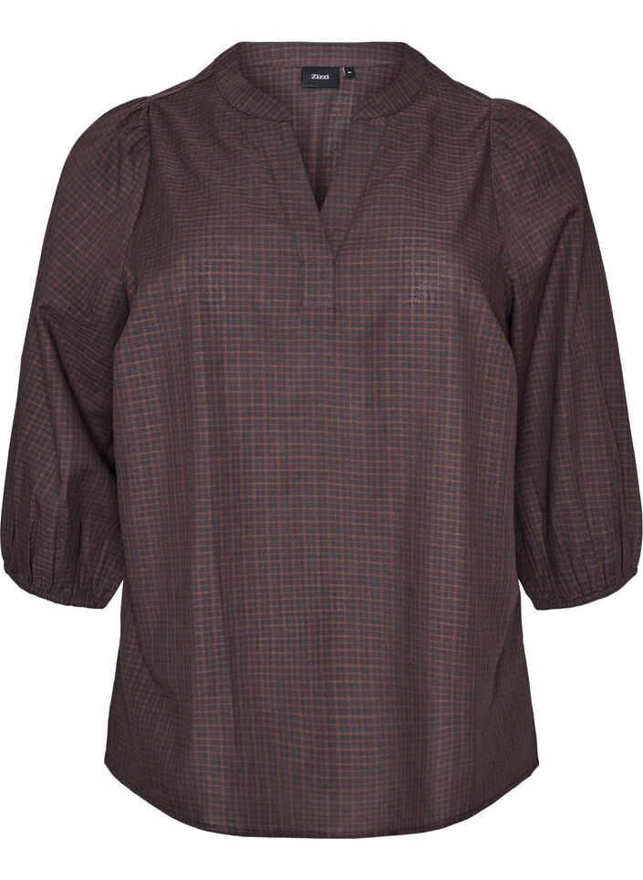 Ternet bluse med V-hals og 3/4-&aelig;rmer, Brun, Packshot image number 0