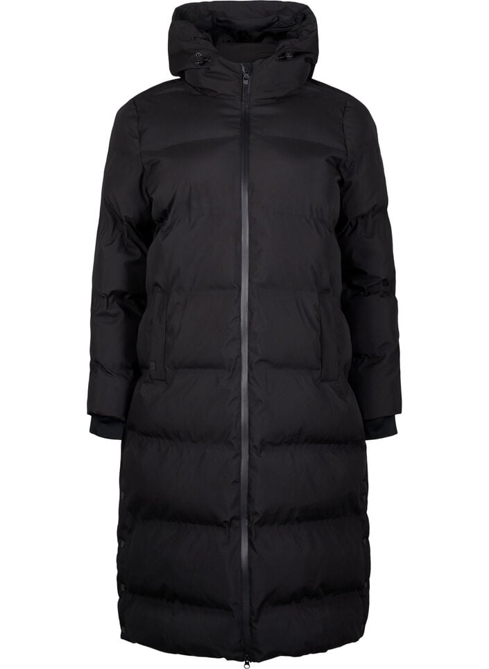 Lang puffer vinterjakke med h&aelig;tte, Sort, Packshot image number 0