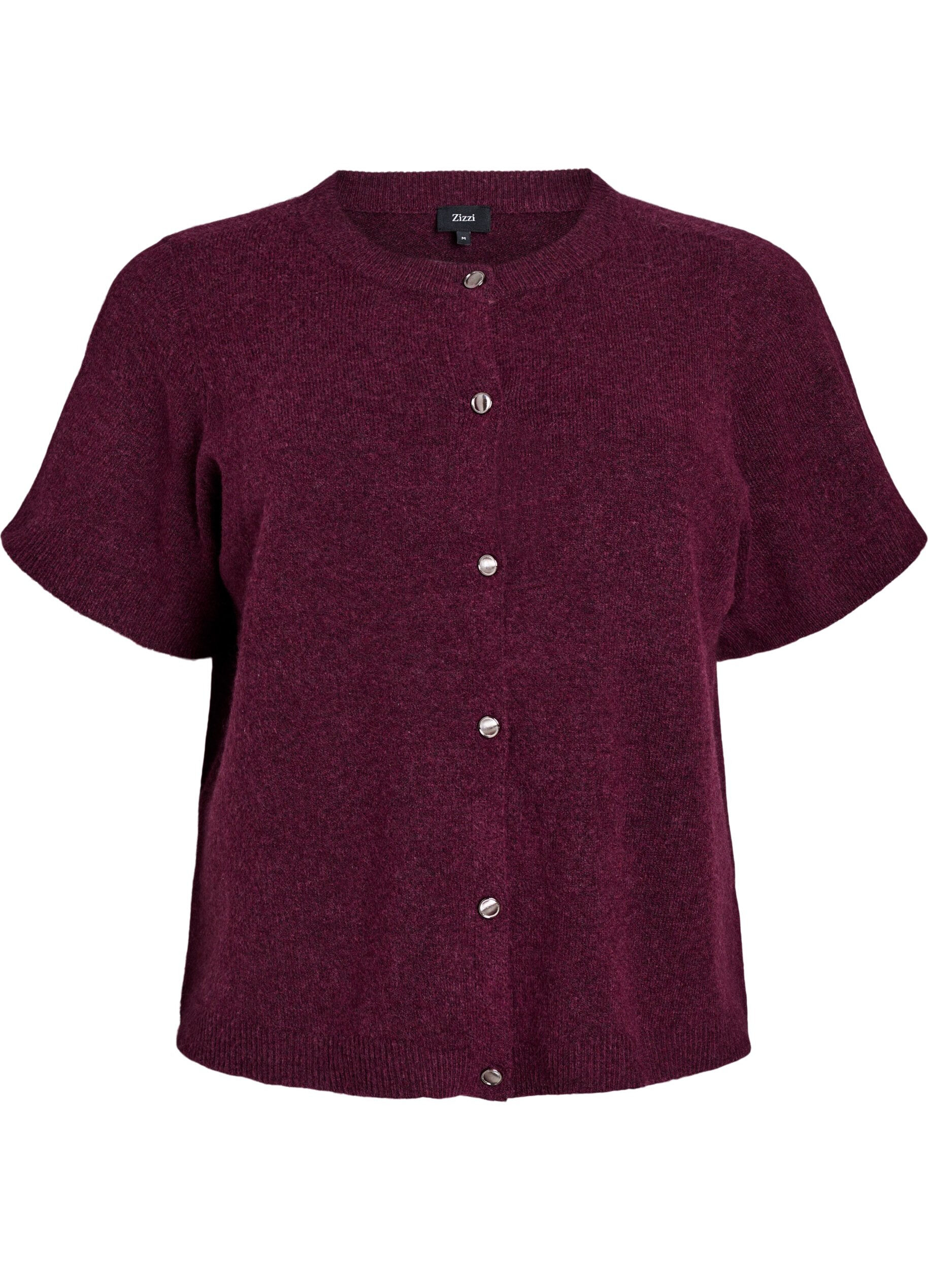 ZizziStrik cardigan med korte &aelig;rmer, M&oslash;rk Bordeaux, Packshot image number 0