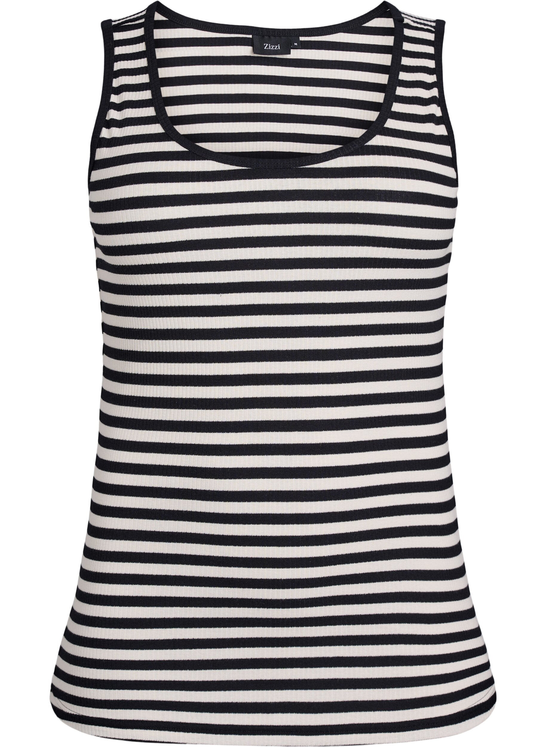 Zizzi Stribet tanktop med ribstruktur, Black Snow W. Stripe, Packshot image number 0