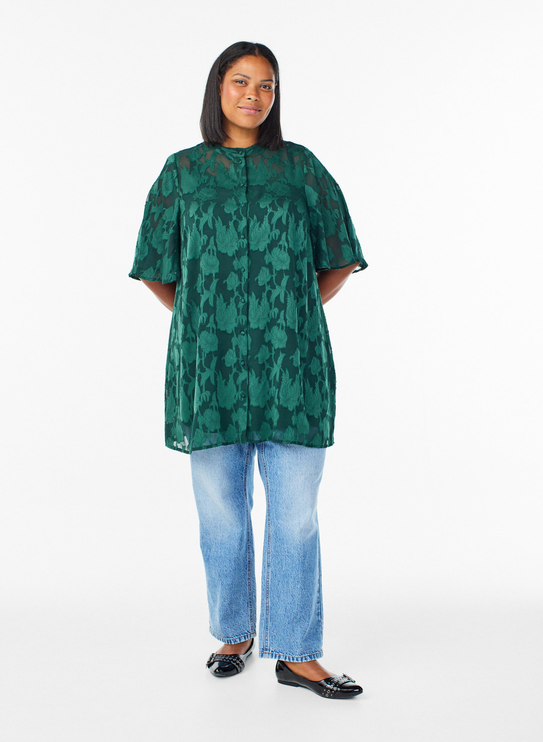 Zizzi Kort kjole med A-form og blomsterm&oslash;nster, Gr&oslash;n, Model image number 1