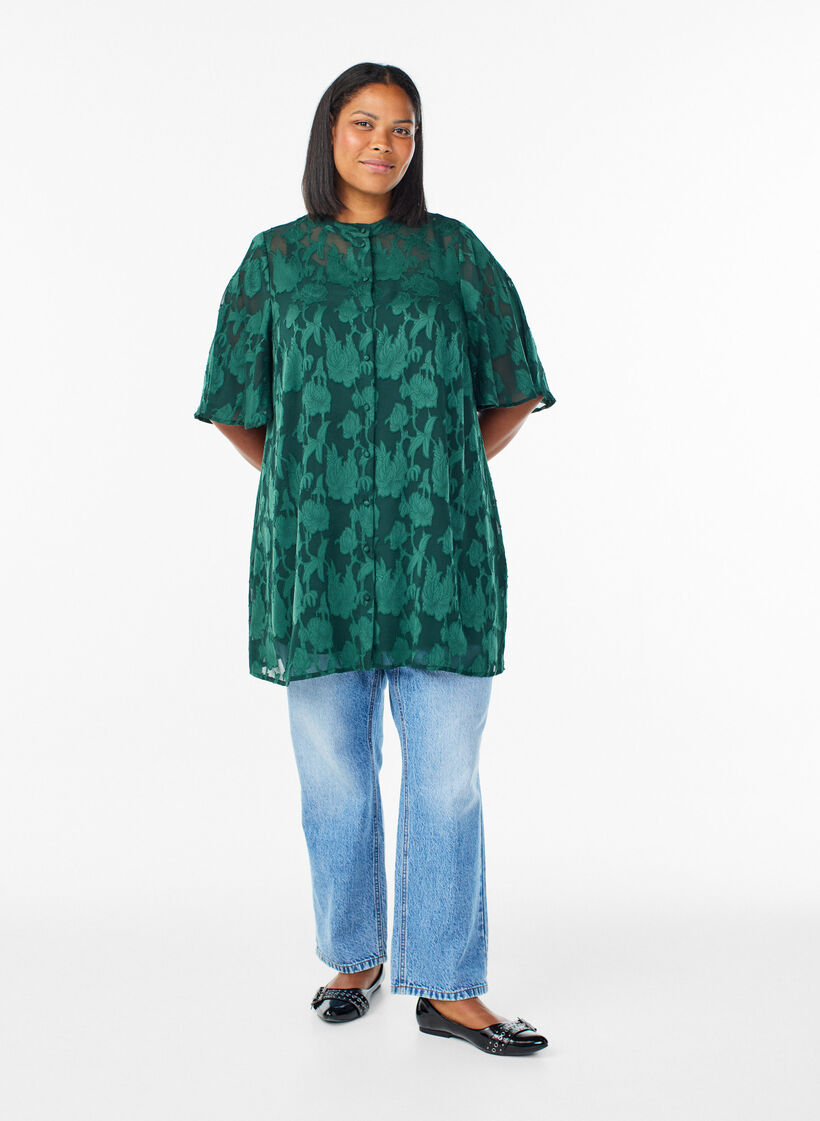 Kort kjole med A-form og blomstermønster, Grøn, Model image number 1