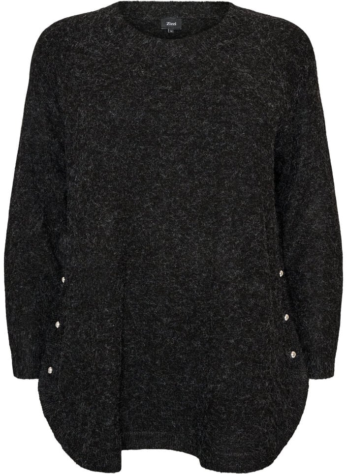 Lang strikbluse med kugleknapper, Gr&aring;, Packshot image number 0