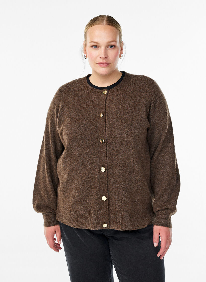 Cardigan i bl&oslash;d strik med guldfarvede knapper, Brun, Model image number 0