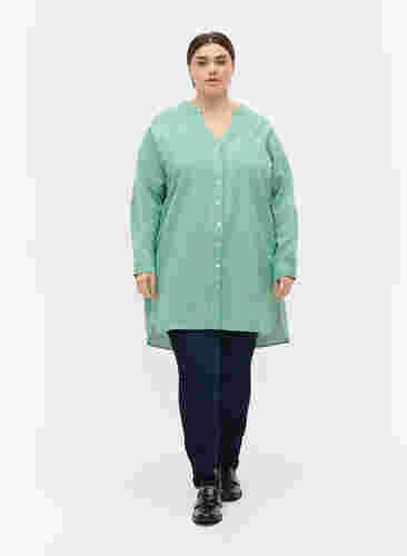 Stribet bomuldsskjorte med 3/4 ærmer, Jolly Green Stripe, Model image number 1