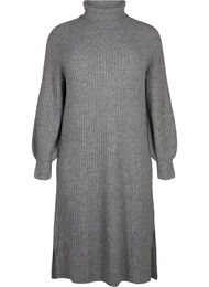Lang strikkjole med rullekrave og slids, Medium Grey Mel.