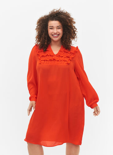 Langærmet kjole med flæser , Orange.com, Model image number 0
