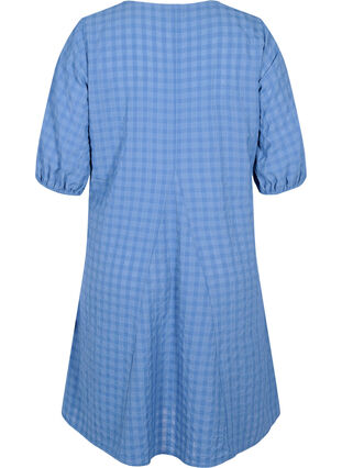 Crepet kjole med v-hals og ballonærmer, Moonlight Blue, Packshot image number 1