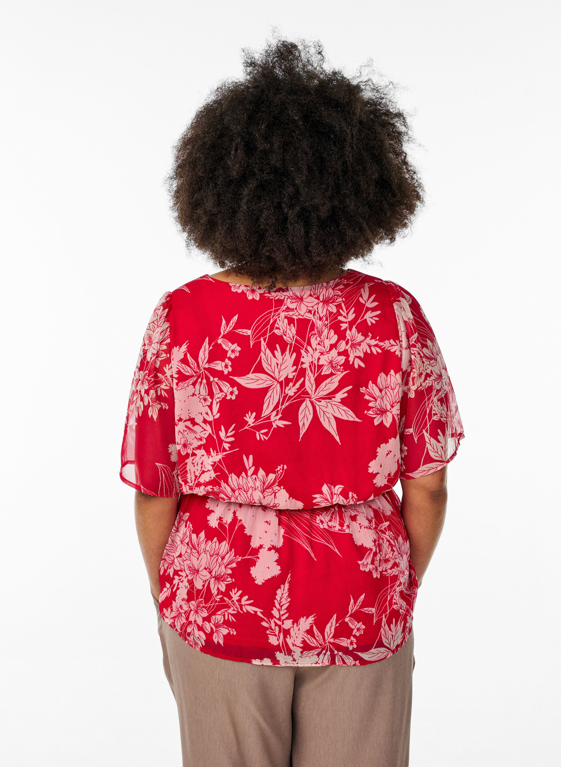 Zizzi Blomstret chiffonbluse med elastisk talje, R&oslash;d, Model image number 2