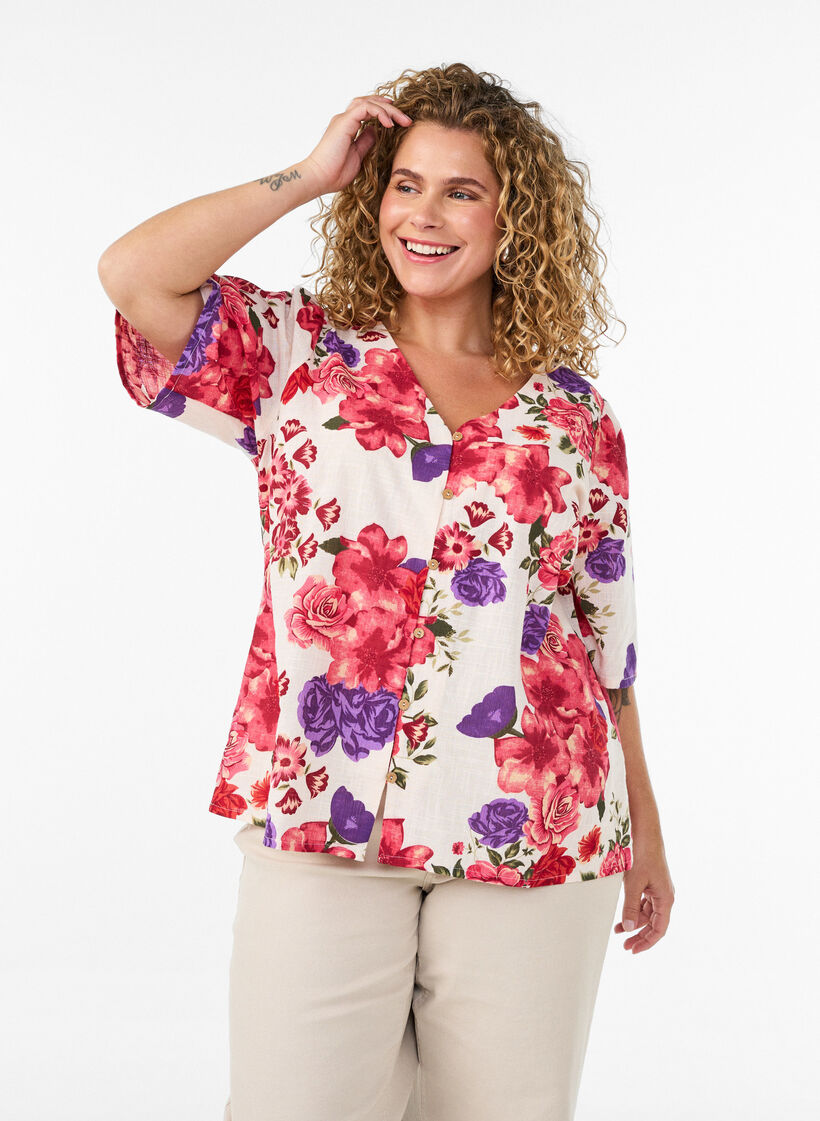 Kort&aelig;rmet bomuldsskjorte med V-udsk&aelig;ring, R&oslash;d, Model image number 0