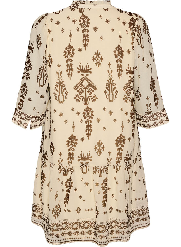 Kjole med ornamentprint og fl&aelig;sekrave, Beige, Packshot image number 1