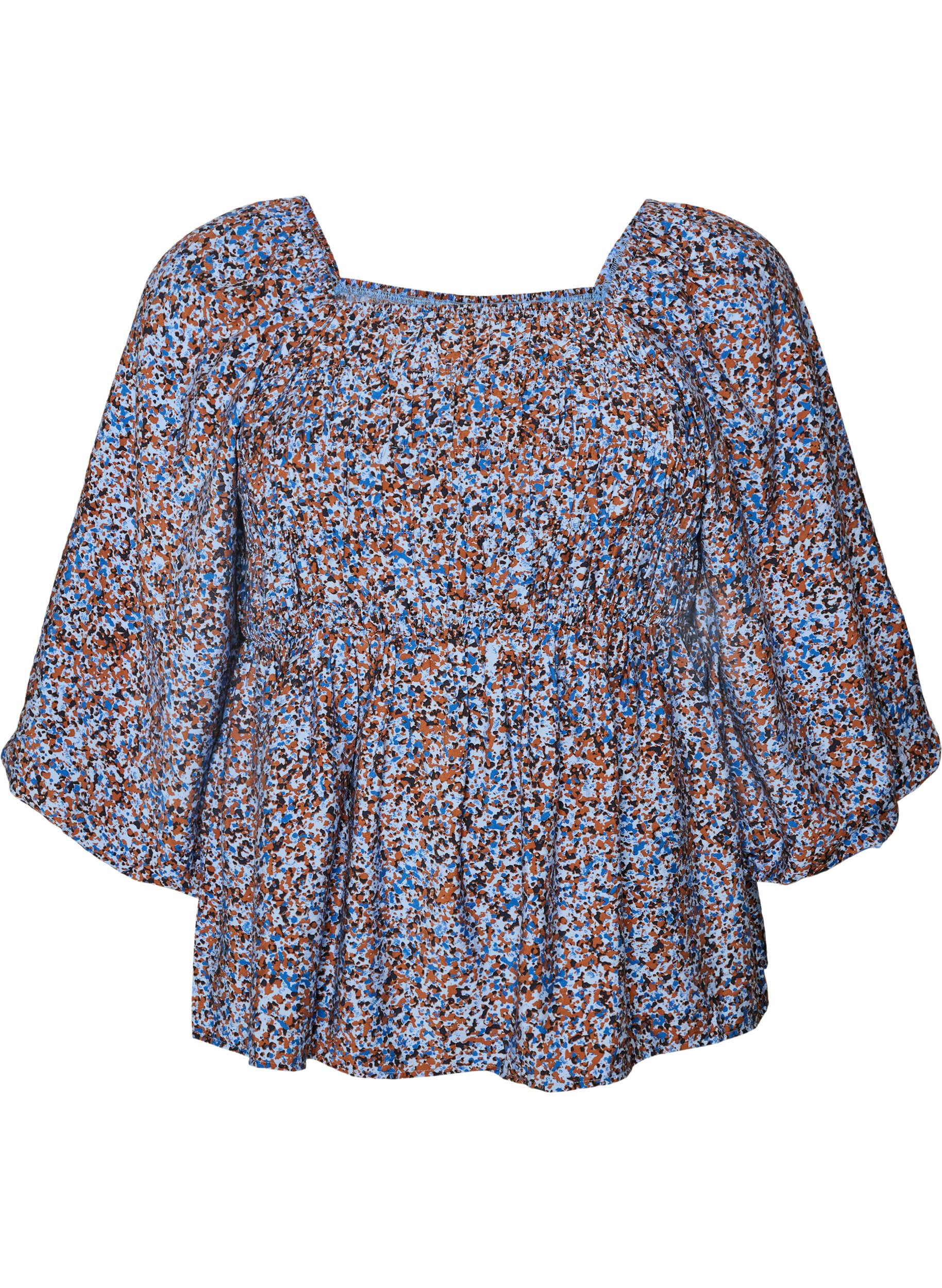 Bluse med smock og firkantet halsudsk&aelig;ring