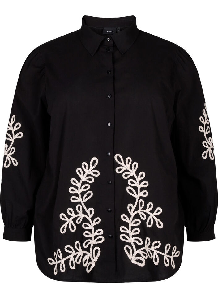 Løs skjorte i bomuld med broderi, Black, Packshot image number 0
