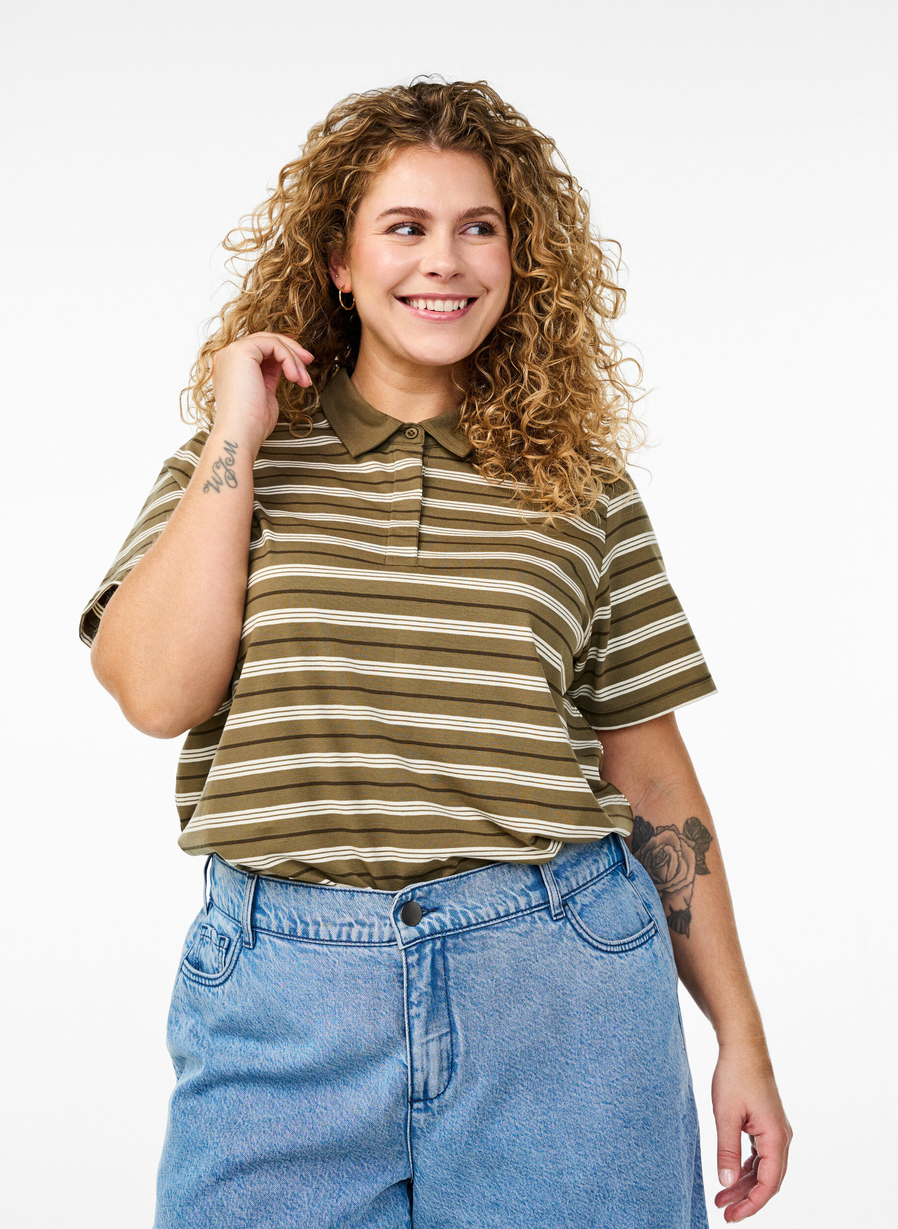 Zizzi Stribet poloshirt med korte &aelig;rmer, Gr&oslash;n, Model image number 0