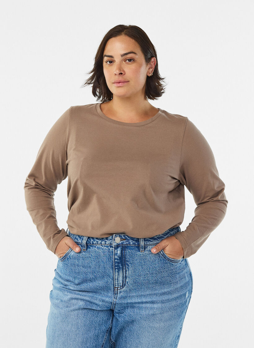Basis jerseybluse med lange &aelig;rmer, Brun, Model image number 0