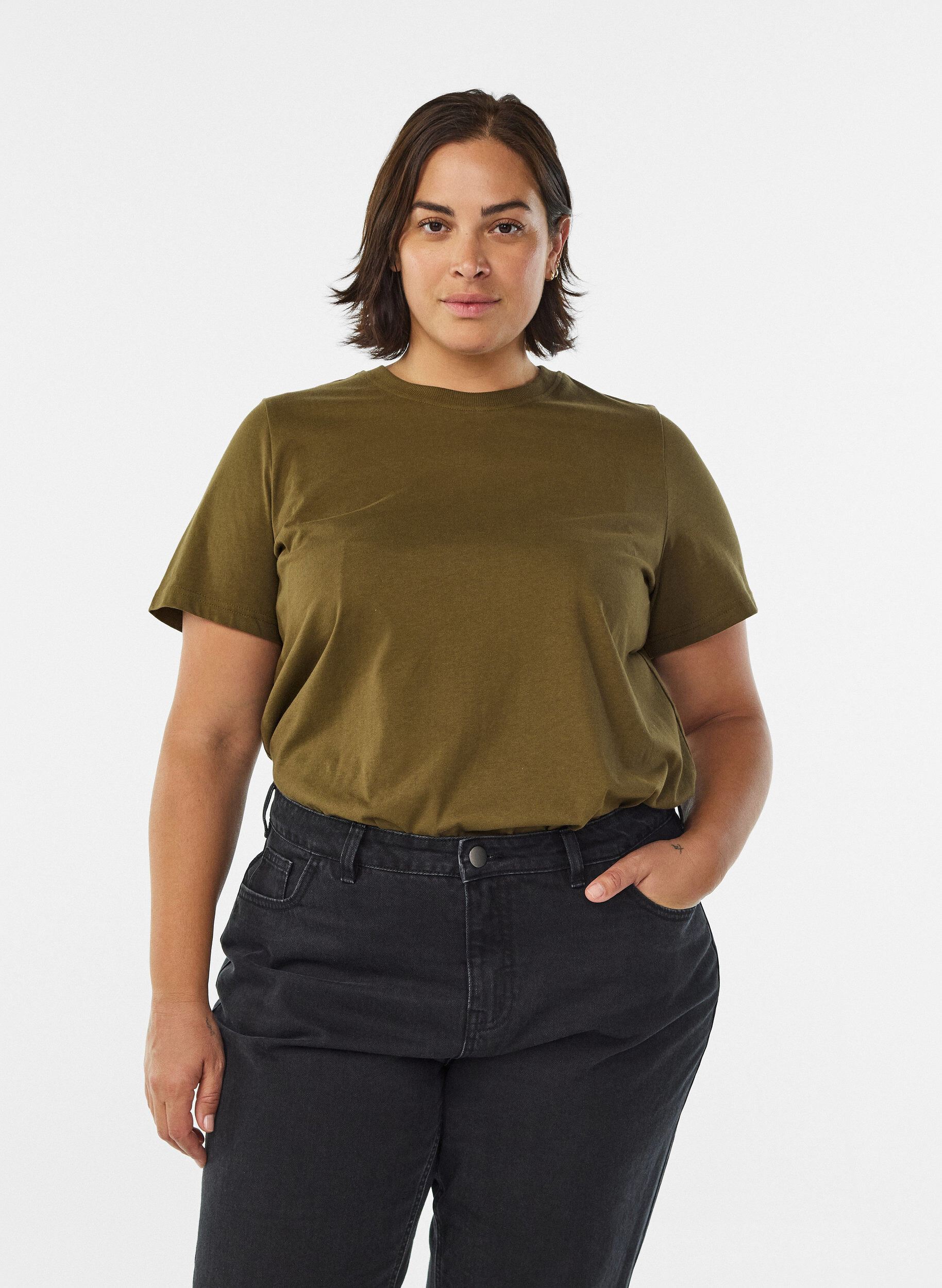 Basis t-shirt i bomuld med rund hals , Gr&oslash;n, Model