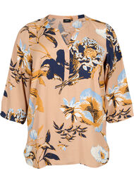 Bluse i viskose med 3/4 ærmer, Blue Flower AOP