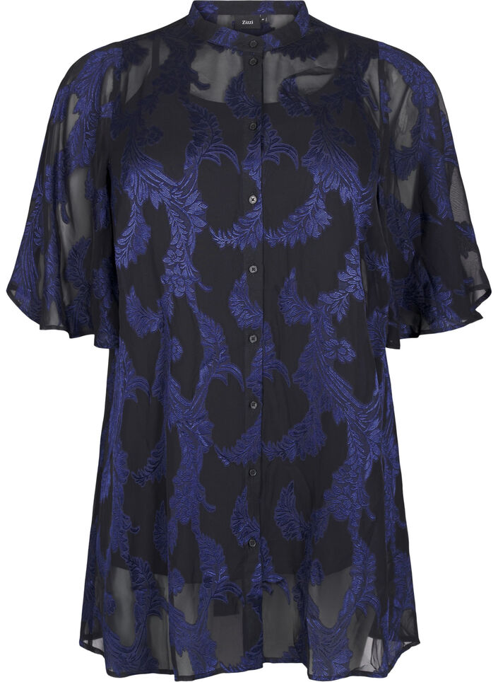 Chiffon tunika med jacquard mønster, Evening Blue, Packshot image number 0