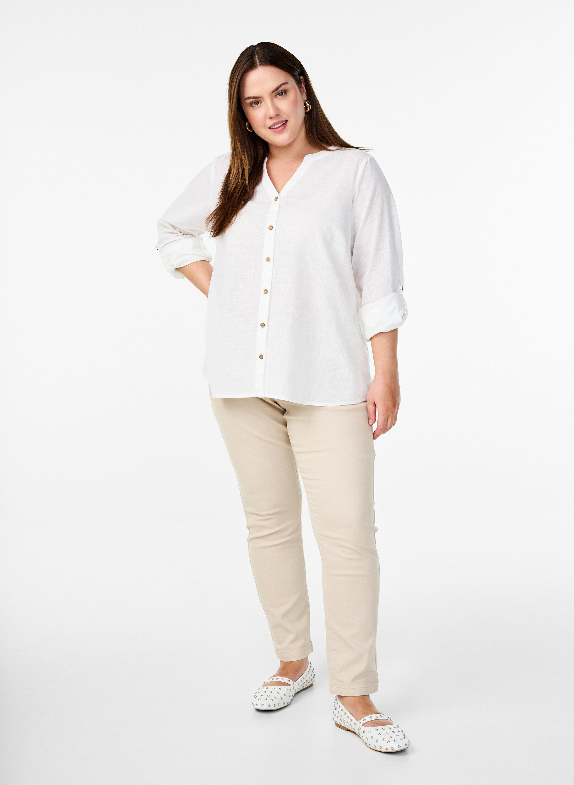 ZizziSkjortebluse i bomuld med v-udsk&aelig;ring, Hvid, Model image number 1