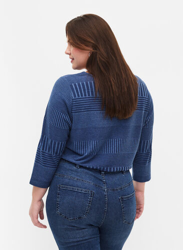Bluse med 3/4 ærmer og stribet mønster, Estate Blue Melange, Model image number 1