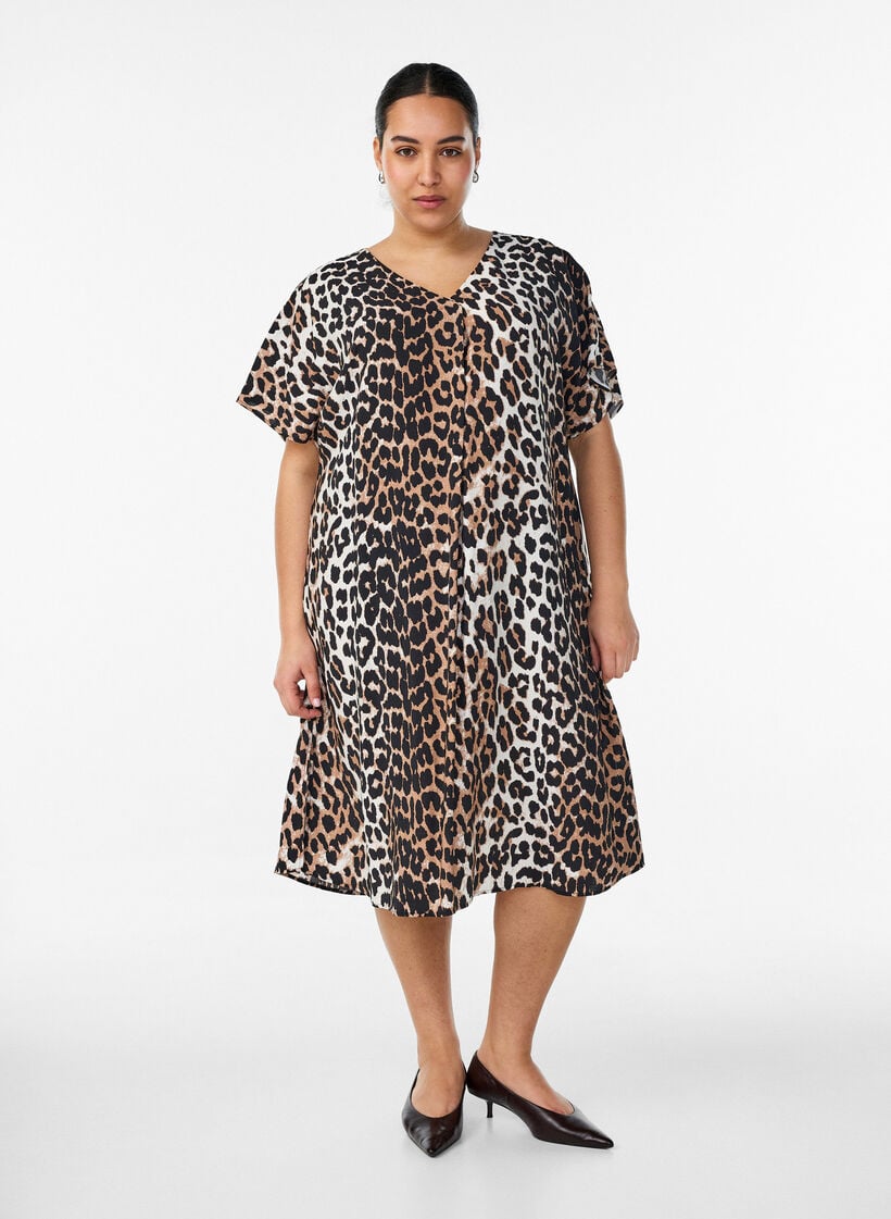 V-hals kjole i viskose, Brun, Model image number 0