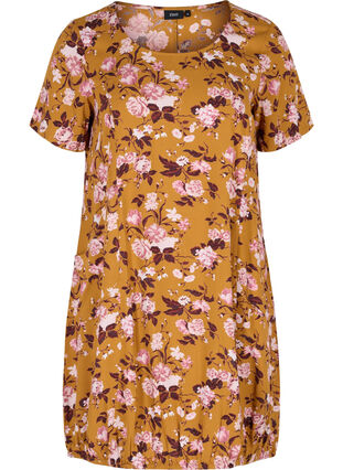 Kortærmet viskose kjole med print, Yellow Flower, Packshot image number 0