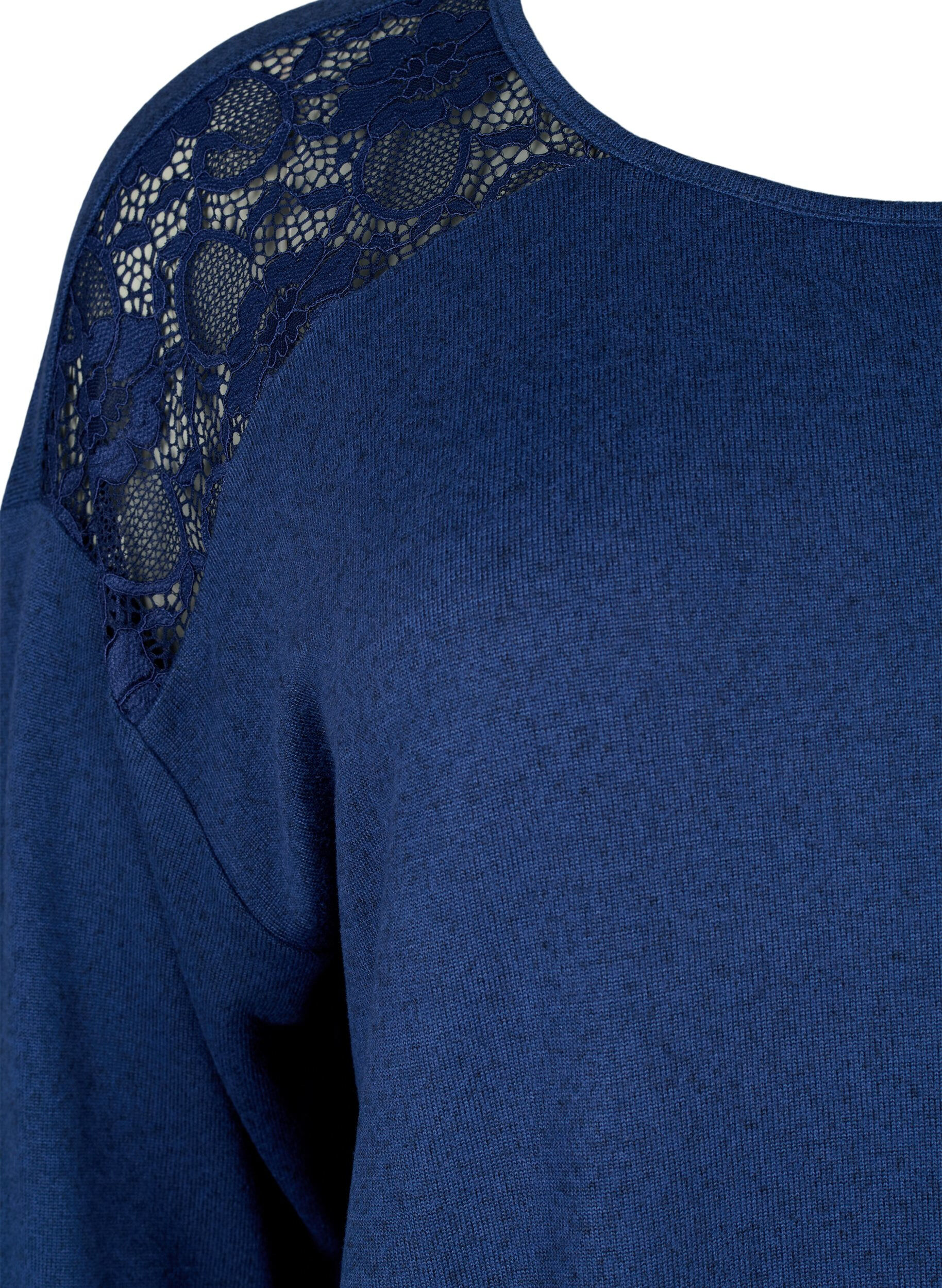 Zizzi Bluse med 3/4 &aelig;rmer og blondedetalje, Medieval Blue Mel., Packshot image number 2