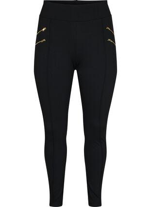 Ensfarvede leggings med lynlåsdetaljer, Black, Packshot image number 0