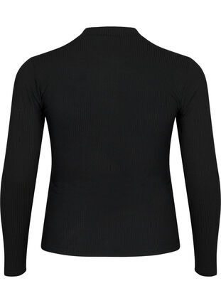 Langærmet bluse i rib med huldetaljer, Black, Packshot image number 1