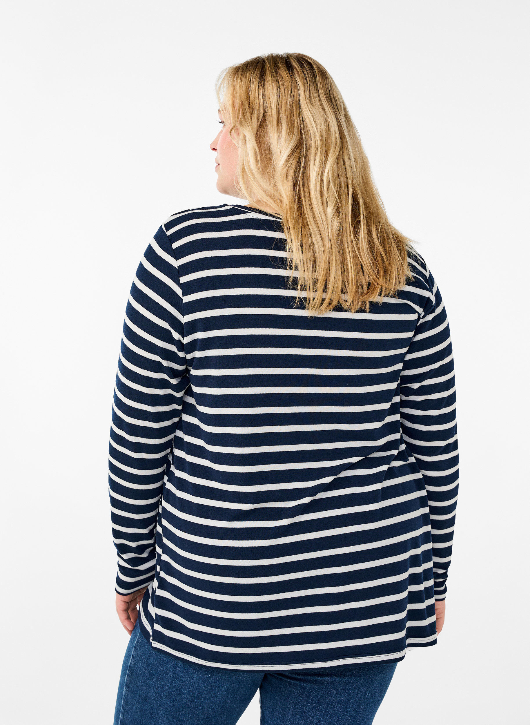 Zizzi Lang&aelig;rmet bluse med striber, Evening Blue Stripe, Model image number 1