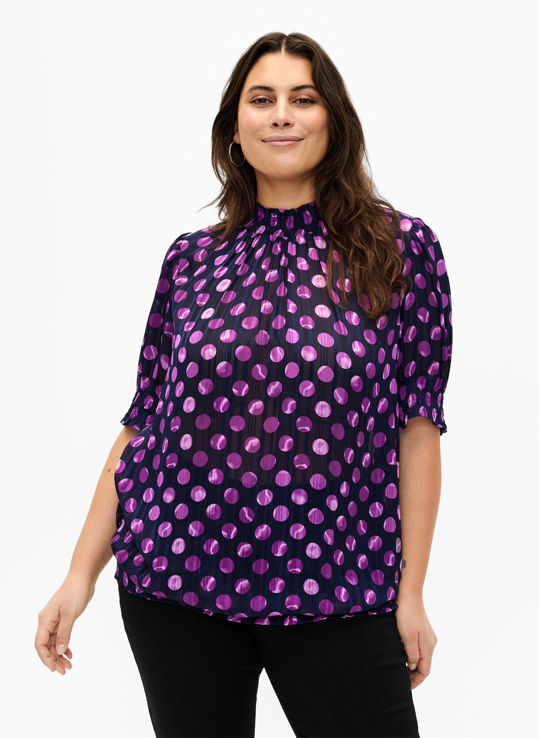 Zizzi Kort&aelig;rmet smockbluse med print , Medieval Bl. Dot AOP, Model image number 0