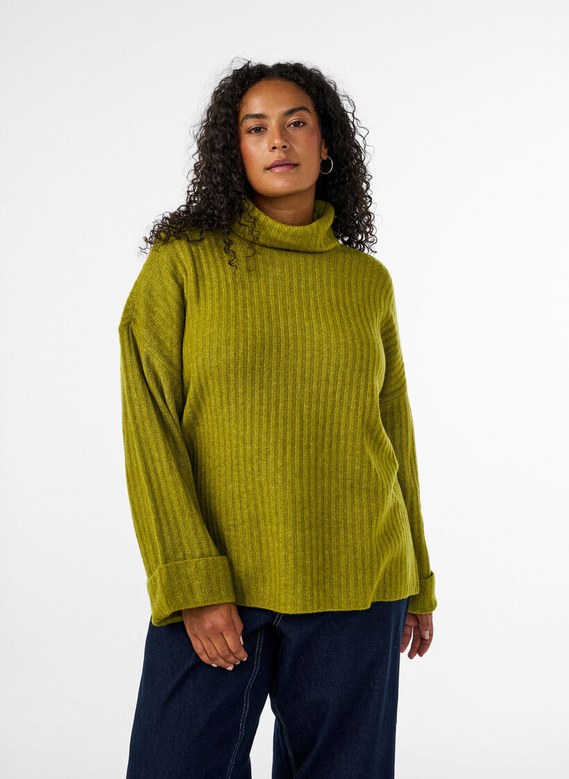 Strikbluse med rullekrave, Gr&oslash;n, Model image number 0