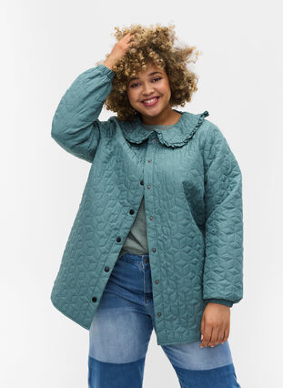 Quiltet jakke med krave og flæsekant, Sagebrush Green, Model image number 0