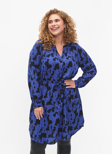 Printet kjole med snøre i taljen, Black Blue AOP, Model image number 0