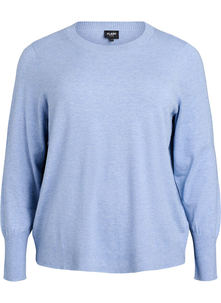 Strikbluse med rund hals, Bl&aring;, Packshot image number 0