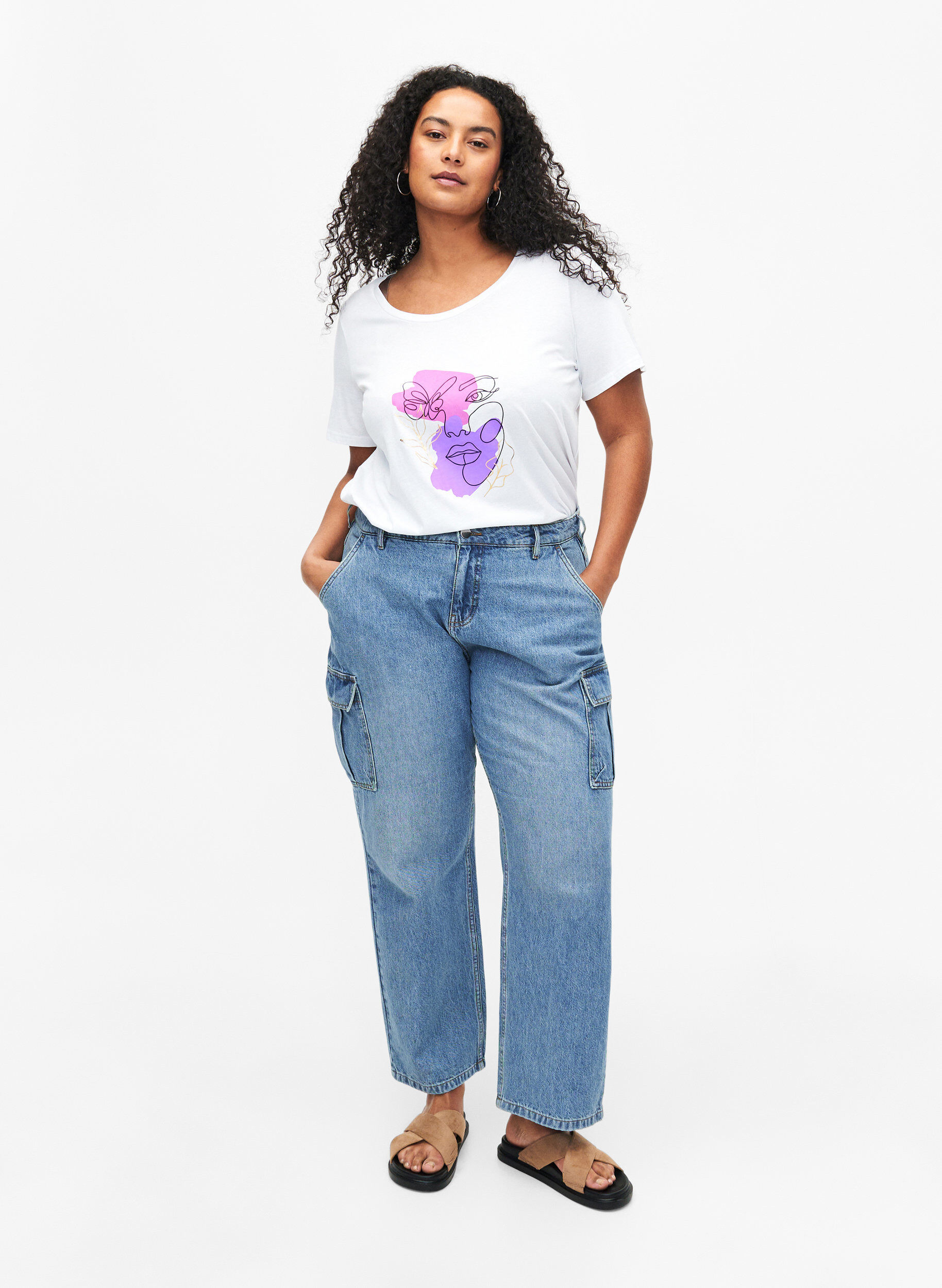 Zizzi Bomulds t-shirt med motiv, B. White w. Face, Model image number 2