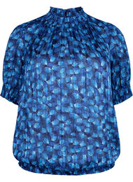 Kortærmet smockbluse med print, Navy Blazer Leaf AOP