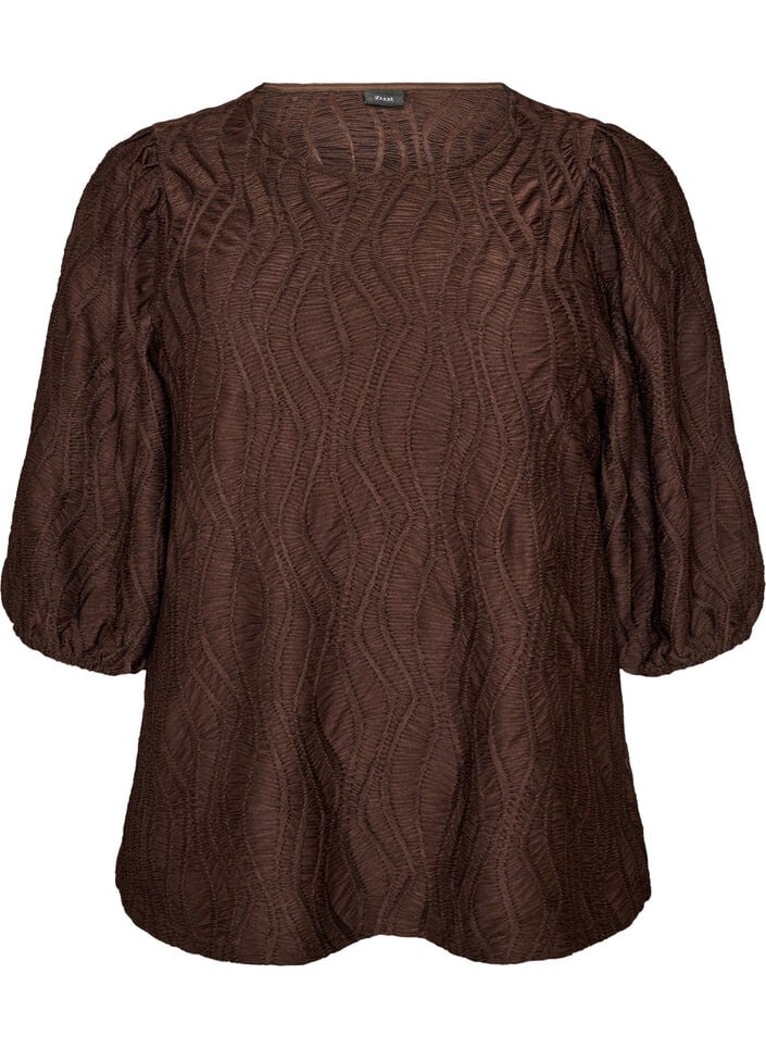 Bluse med tekstur og 3/4 &aelig;rmer, Brun, Packshot image number 0