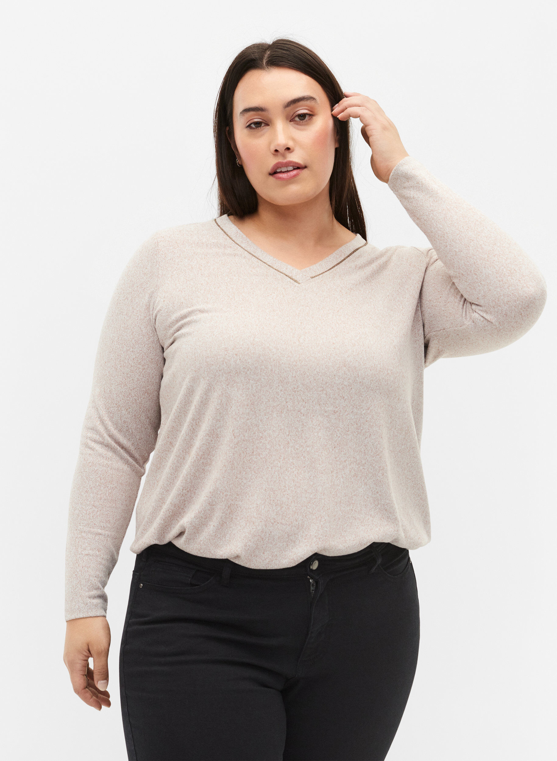 Bluse med v-hals og lange &aelig;rmer, Beige, Model