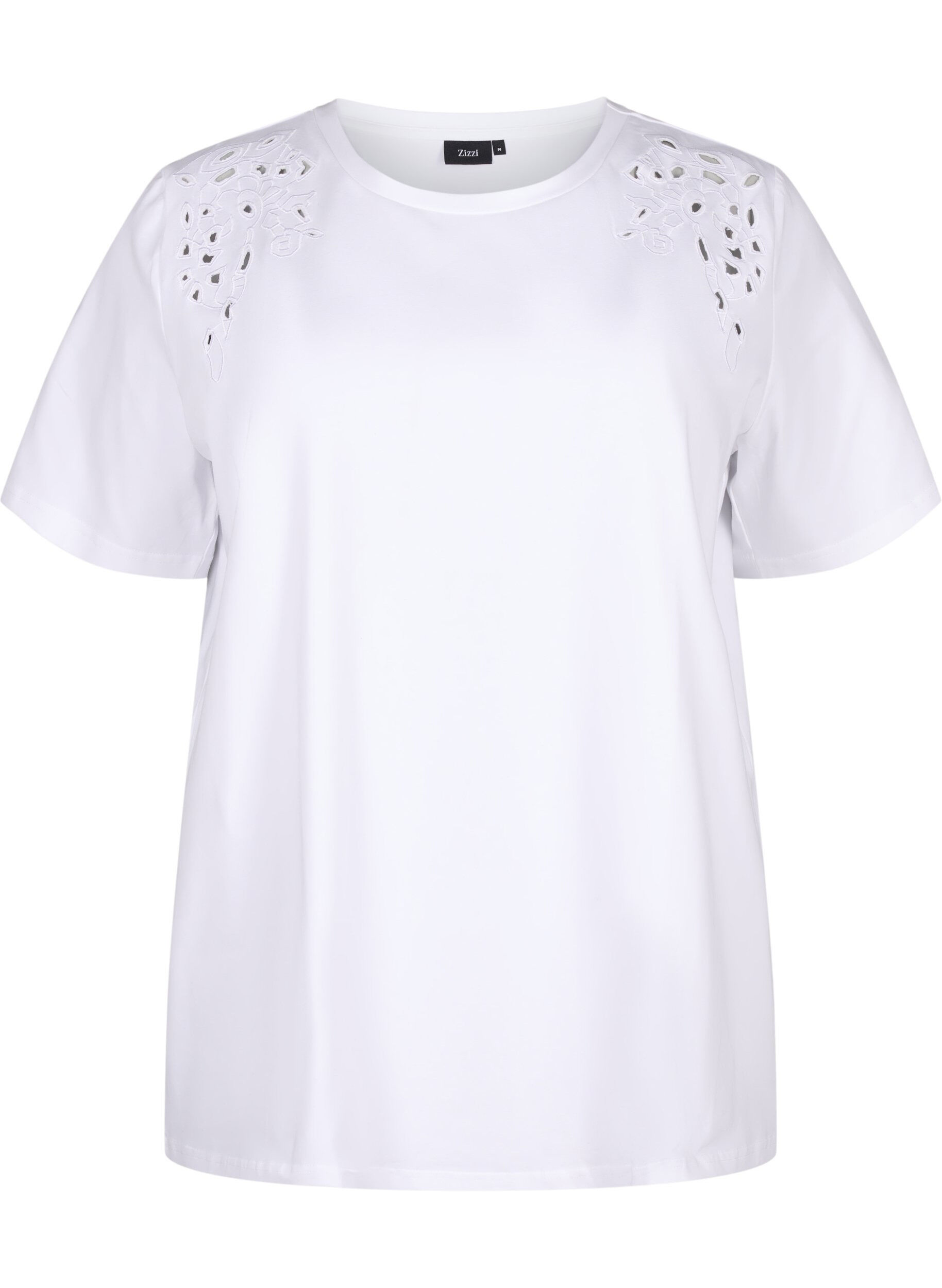Zizzi T-shirt i &oslash;kologisk bomuld med broderidetaljer, Bright White, Packshot image number 0