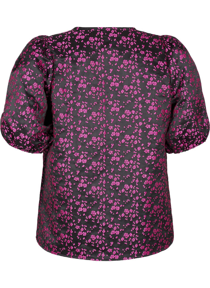 Skjortebluse med 1/2 ærmer og broderede blomster, Sort, Packshot image number 1