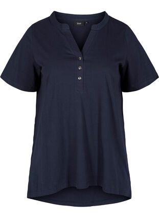 Bomulds t-shirt med v-hals og knapper, Night Sky, Packshot image number 0