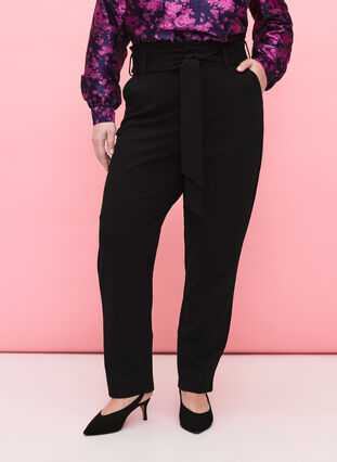 Højtaljede bukser med flæser og bindebånd, Black, Model image number 2