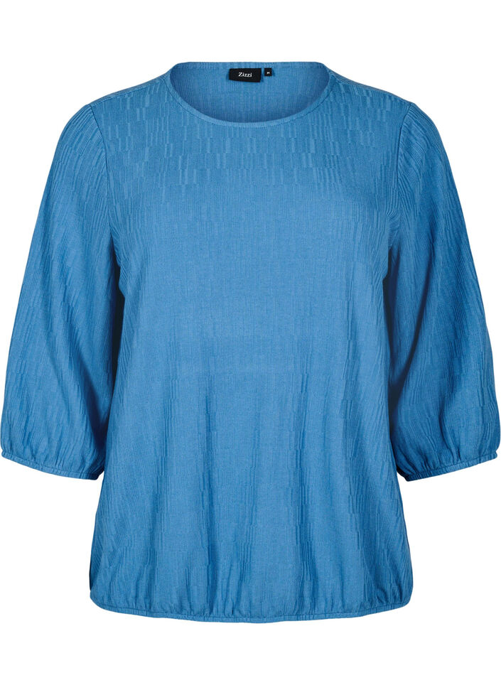 Bluse med struktur og 3/4 &aelig;rme, Bl&aring;, Packshot image number 0