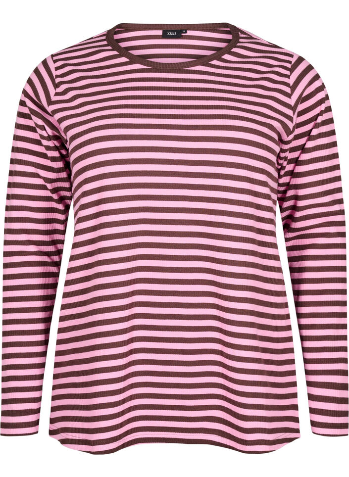 Stribet bluse med lange ærmer - Lyserød - Str. 40-64 - Zizzi