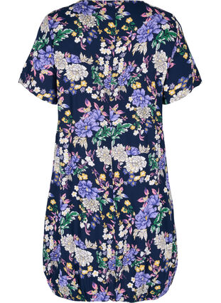 Kortærmet viskose kjole med print, Blue Flower AOP, Packshot image number 1